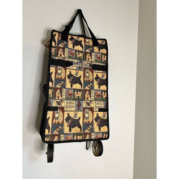 Tapestry Dog Themed Wheeled Shopping Tote With Zipper Closure - Picture 3 of 8